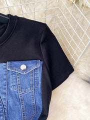 Denim patchwork short-sleeve dress with buttoned chest pocket.