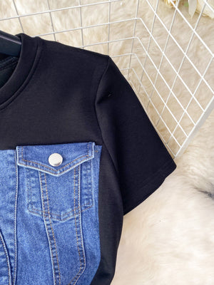 Denim patchwork short-sleeve dress with buttoned chest pocket.