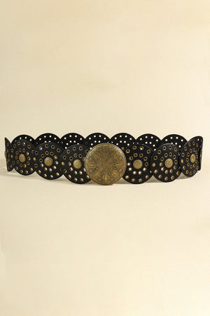 Black leather belt with embossed medallion and studded circular cutouts