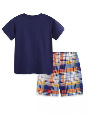 Boys' navy construction tee with colorful plaid shorts set, cotton.