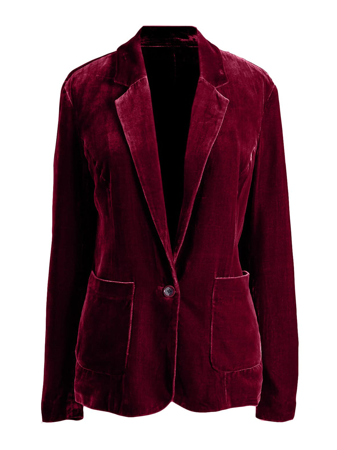 Burgundy velvet blazer with button closure and flap pockets