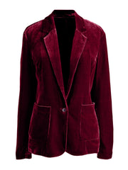 Burgundy velvet blazer with button closure and flap pockets