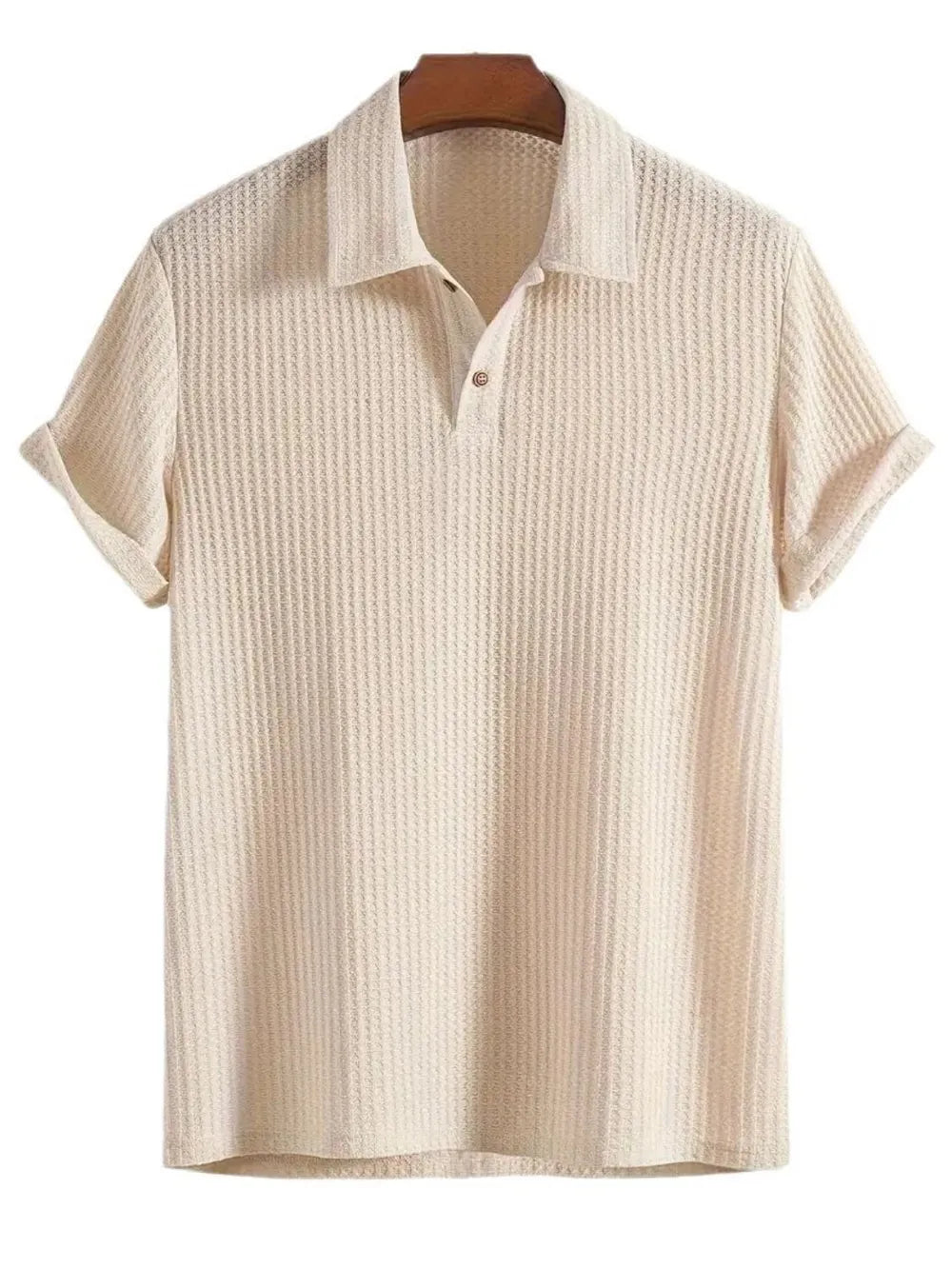 Beige textured polo shirt with rolled sleeves and button neckline