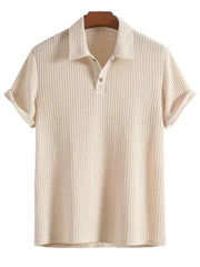 Beige textured polo shirt with rolled sleeves and button neckline