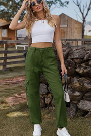 Army green cargo pants with multiple pockets and a relaxed fit.