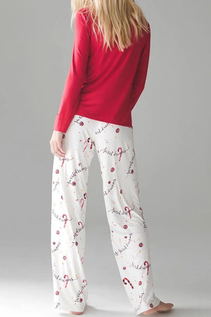 Red long sleeve lounge top with white pants featuring a sweet dreams and candy cane print.