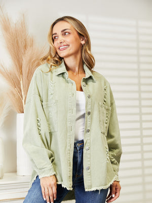 Light Green distressed denim overshirt with raw hem and buttoned front.