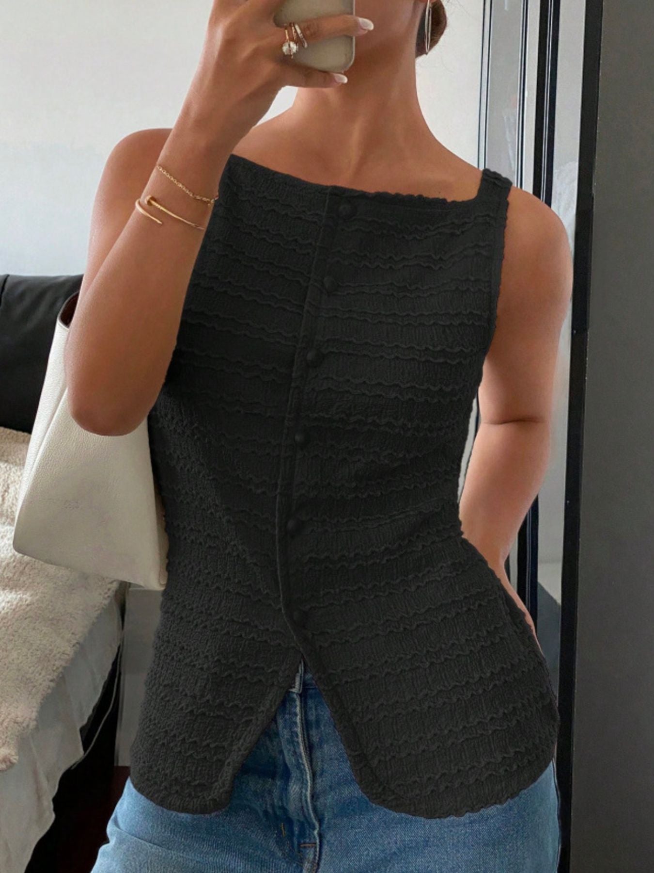 Black wavy textured button-front tank top with square neckline.