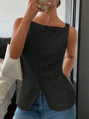 Black wavy textured button-front tank top with square neckline.