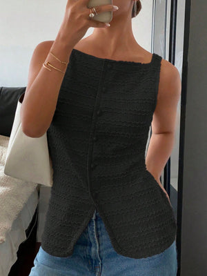 Black wavy textured button-front tank top with square neckline.