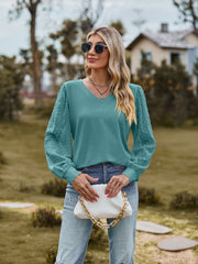 Teal Swiss dot sleeve v-neck blouse with long sleeves