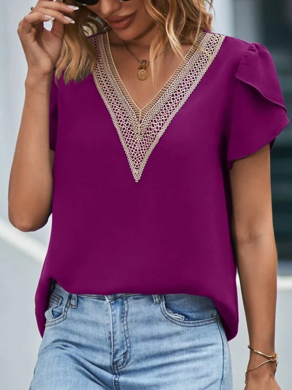 Lace trim v-neck flutter sleeve blouse in Red-Violet with casual styling