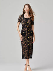 Black lace midi dress with short sleeves, square neck, button front, belted waist, and pocket details.