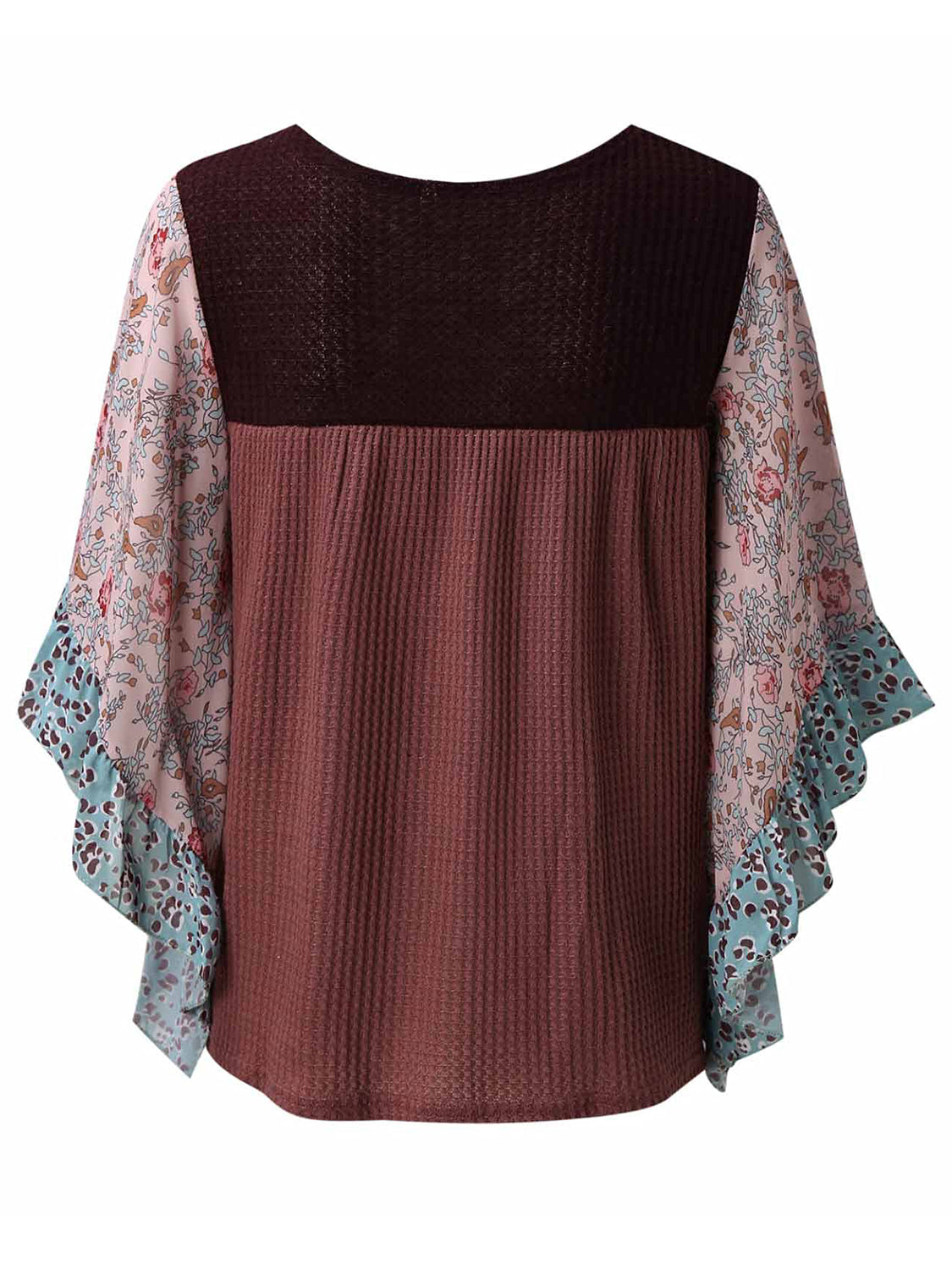 Textured panel blouse with floral print flutter sleeves and waffle knit body in mauve and black.