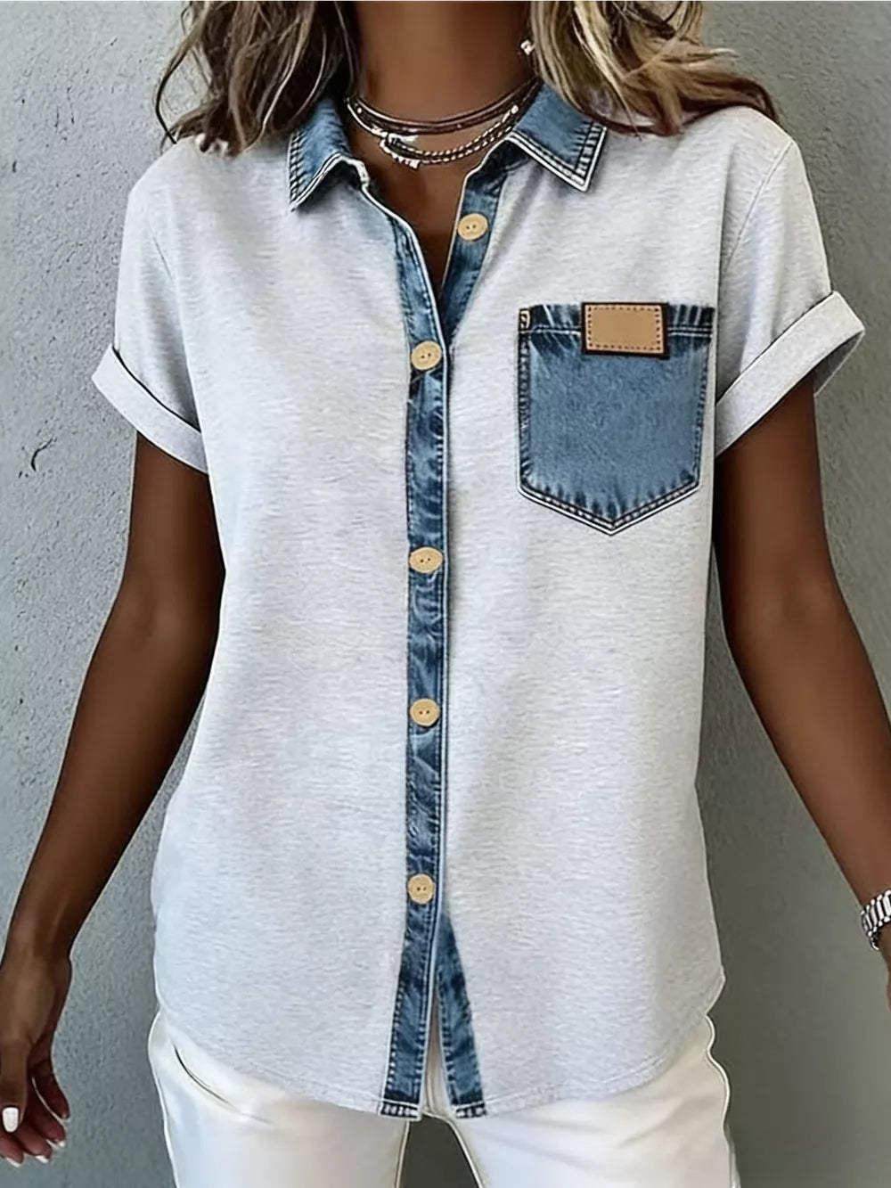 Heathered light gray short sleeve maternity shirt with denim collar, placket, and pocket.