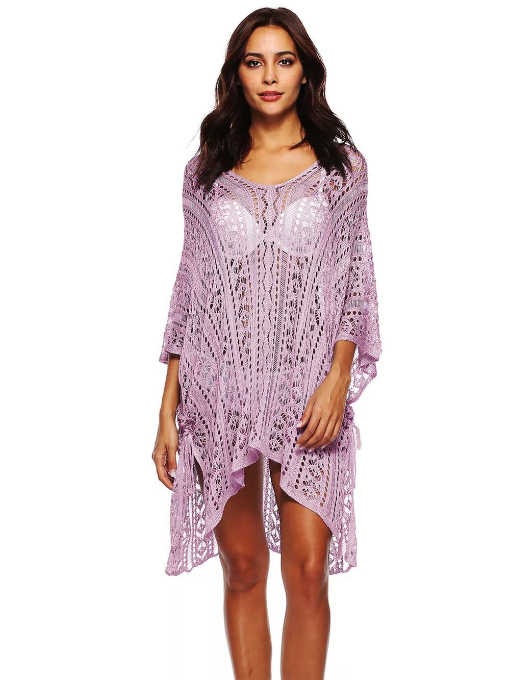 Intricate crochet v-neck beach cover-up in Pastel Blue with cutout details and side ties.