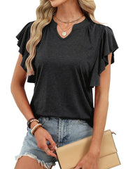 Gray ruffled sleeve tee with notched V-neck, casual and elegant.