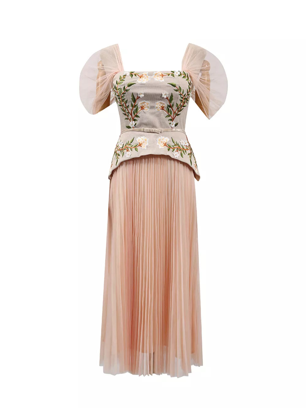 Embroidered tulle midi dress with square neckline, sheer flutter sleeves, and pleated pink skirt.