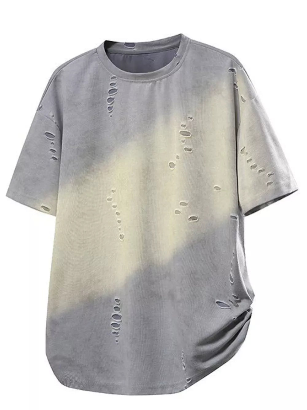 Oversized distressed grey t-shirt with tie-dye effect and raw hem.