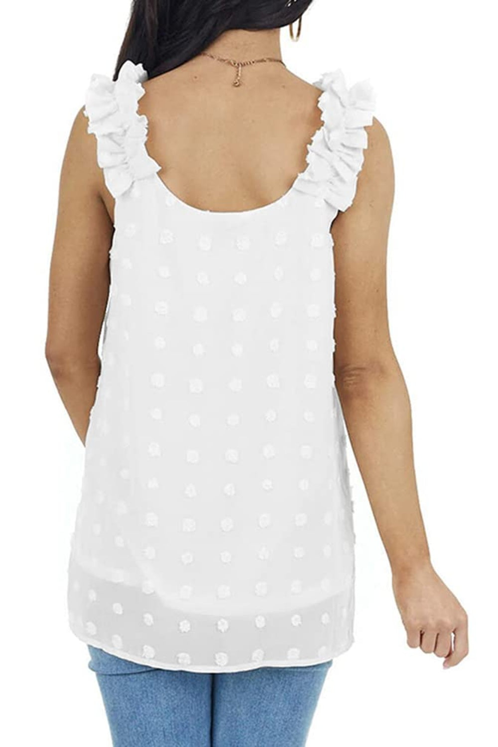 White textured ruffle-sleeve tank top with dot pattern