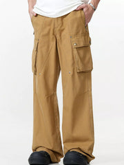 Men's khaki wide-leg cargo pants with multiple pockets and a relaxed fit.