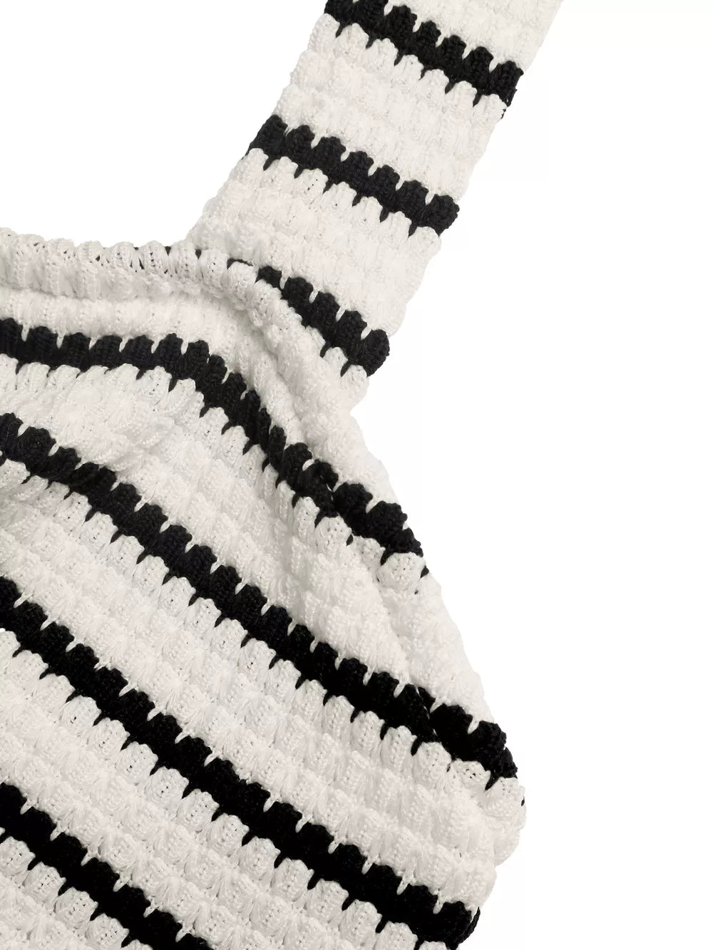 Chic Cutout Knit Mini Dress in white with black stripes, textured knit fabric and cutout detail.