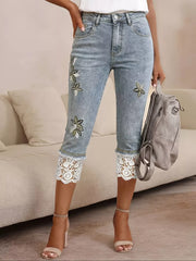 Embroidered Lace-trimmed Capri Jeans