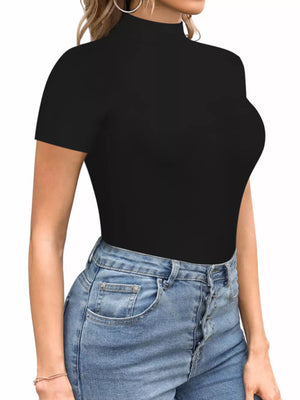 Black mock neck short sleeve bodysuit with form-fitting cut, styled with jeans.