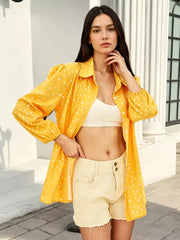 Polka Dot Puff Sleeve Shirt in Yellow, close-up detail