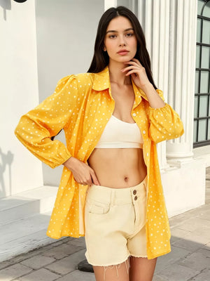 Polka Dot Puff Sleeve Shirt in Yellow, close-up detail