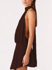 Gathered Waist Backless Halter Dress