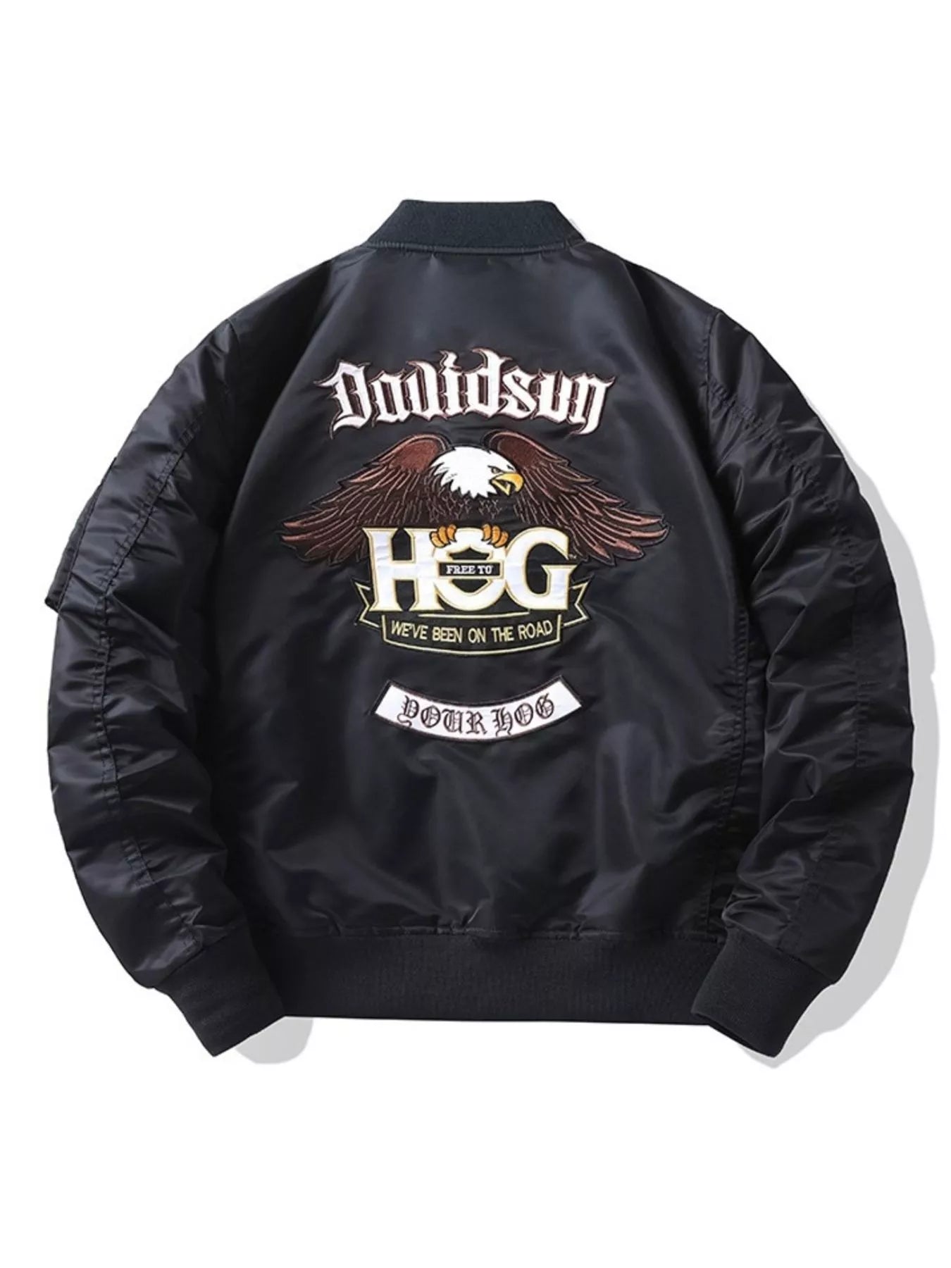 Black embroidered bomber jacket with eagle and HOG graphic on back