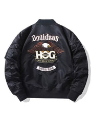 Black embroidered bomber jacket with eagle and HOG graphic on back