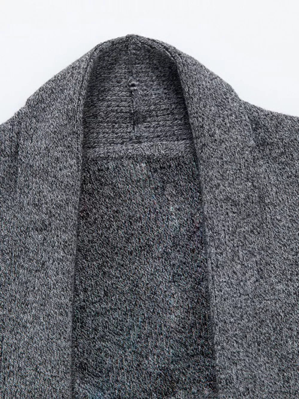 Men's gray knit open-front cardigan with shawl collar detail
