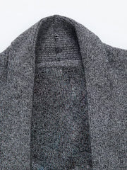 Men's gray knit open-front cardigan with shawl collar detail