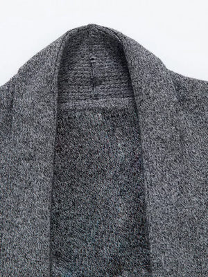 Men's gray knit open-front cardigan with shawl collar detail