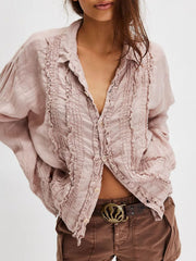 Dusty pink linen button-down blouse with ruffled front detail