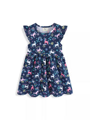 Navy unicorn print cotton dress with ruffle sleeves and scalloped hem.