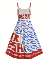 Sardine graphic spaghetti strap midi dress with smocked bodice and fish print skirt.