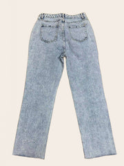 Light wash denim wide leg jeans with distressed knee rips and button fly.