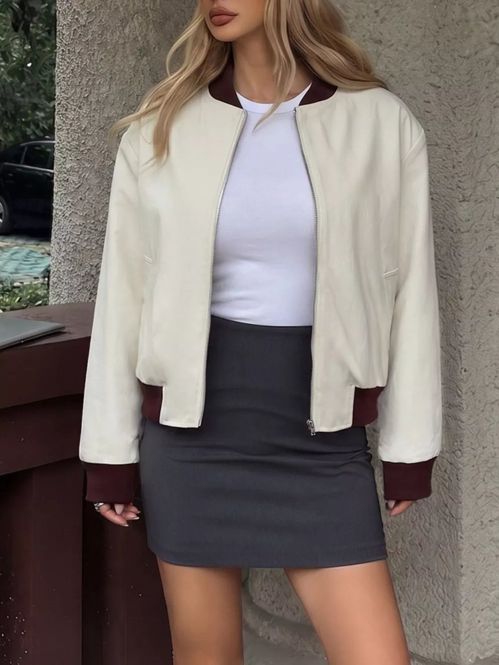 Contrast Trim Zip Up Jacket in White, model styling view