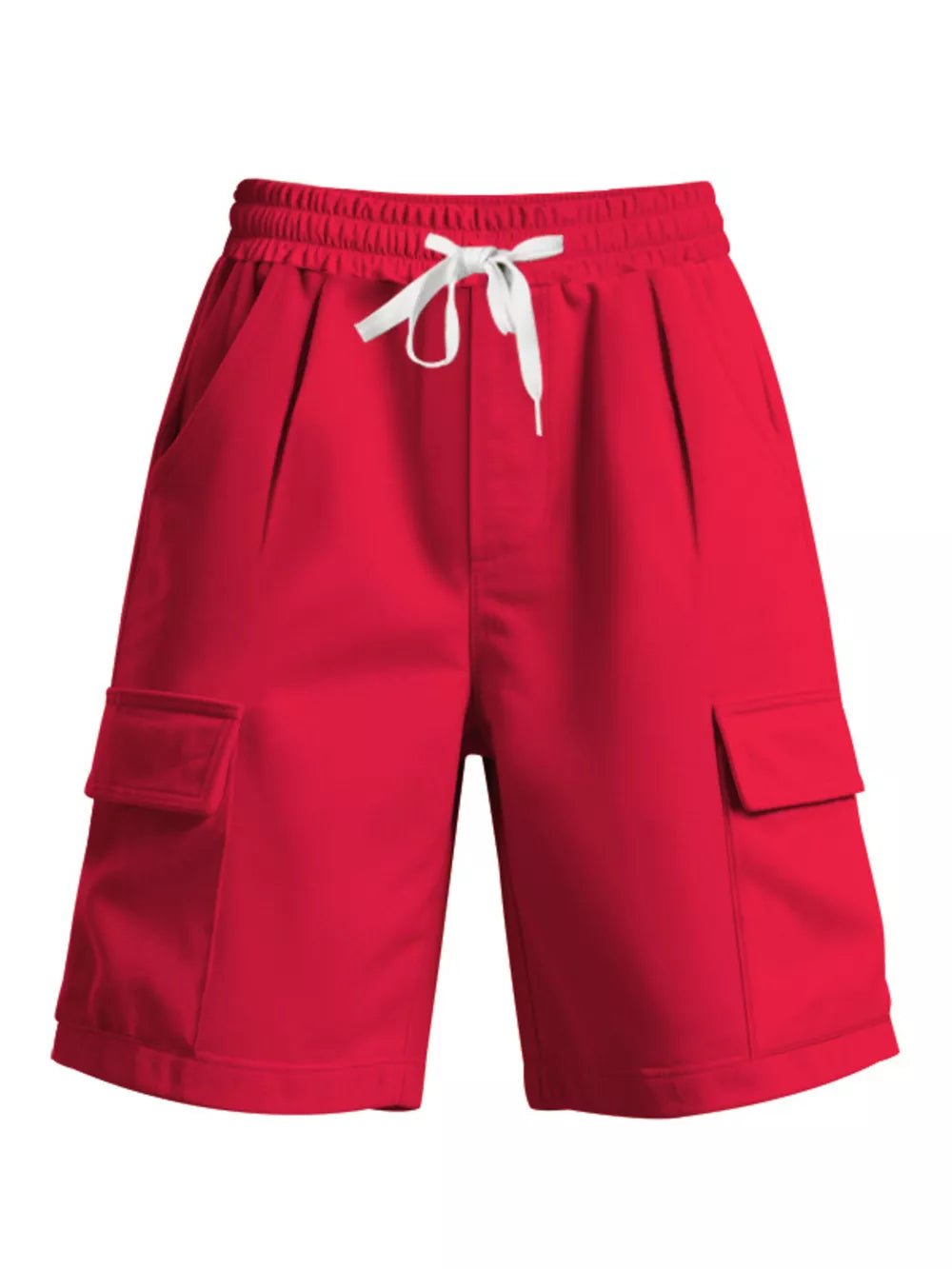 Bright red men's cargo shorts with drawstring waist and side cargo pockets.