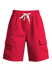 Bright red men's cargo shorts with drawstring waist and side cargo pockets.