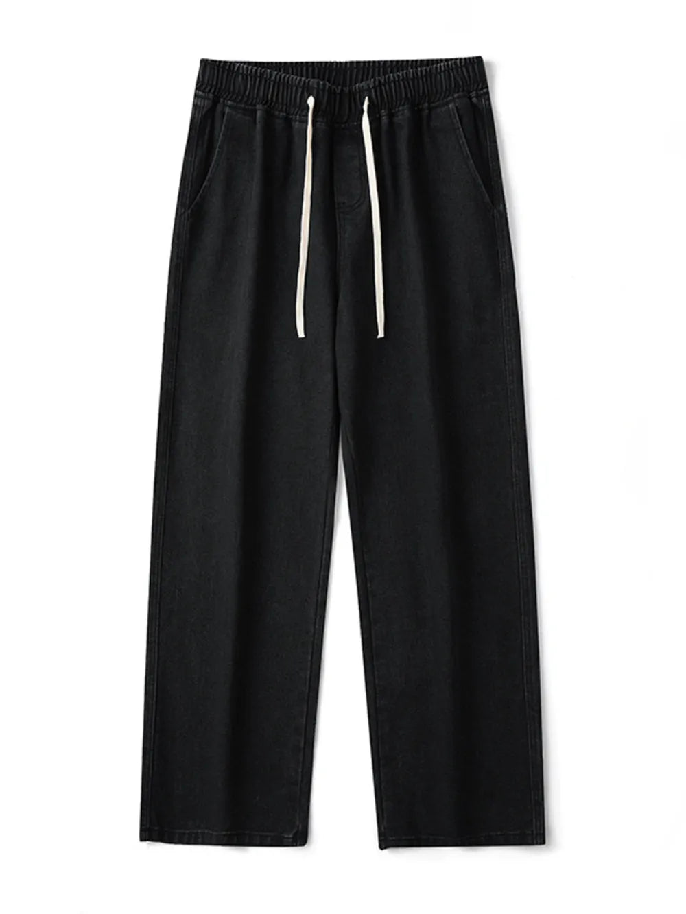 Black relaxed wide-leg jeans with drawstring waist and pockets