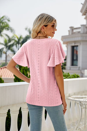 Blush pink eyelet crew neck top with flounce sleeves
