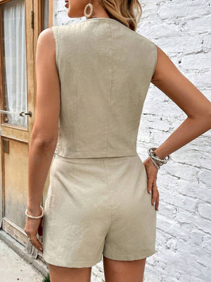 Khaki cotton tailored vest and pleated shorts set, showing back view.