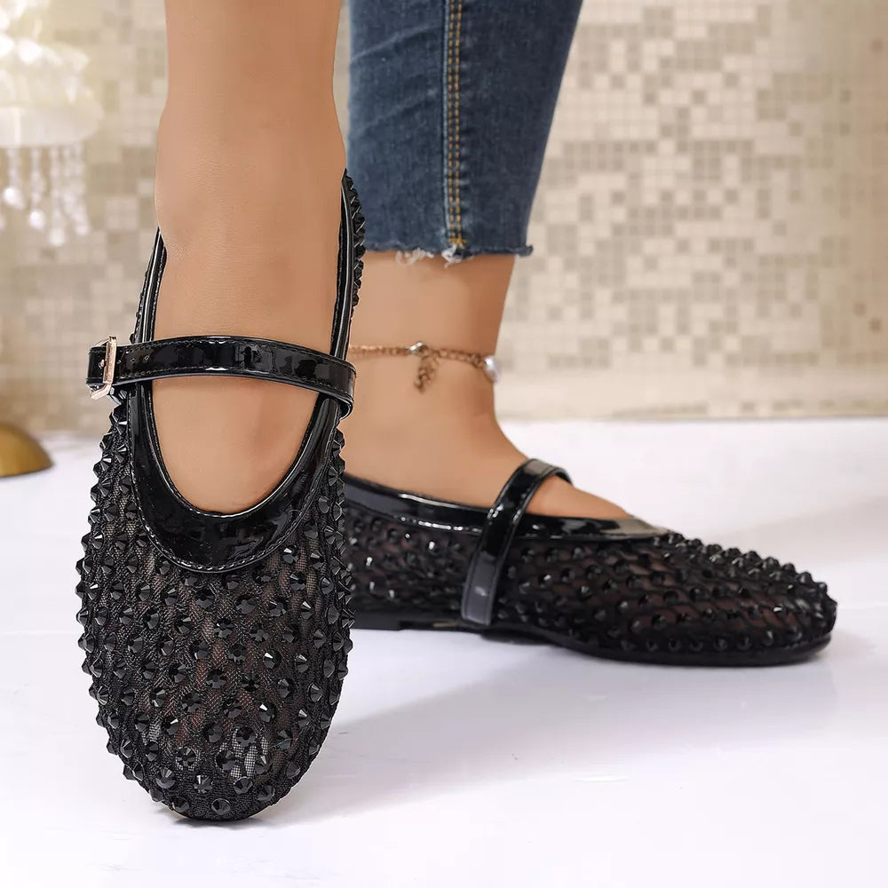 Sparkling Mesh Mary Jane Sneakers in Black, close-up detail