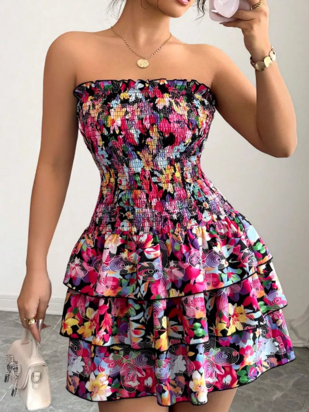 Strapless Smocked Floral Tiered Mini Dress in Color, front view