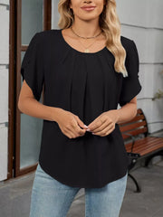 Black pleated short sleeve polyester blouse with round neckline.