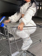 Cozy Plush Crop Top And Cargo Pants Set in White, close-up detail